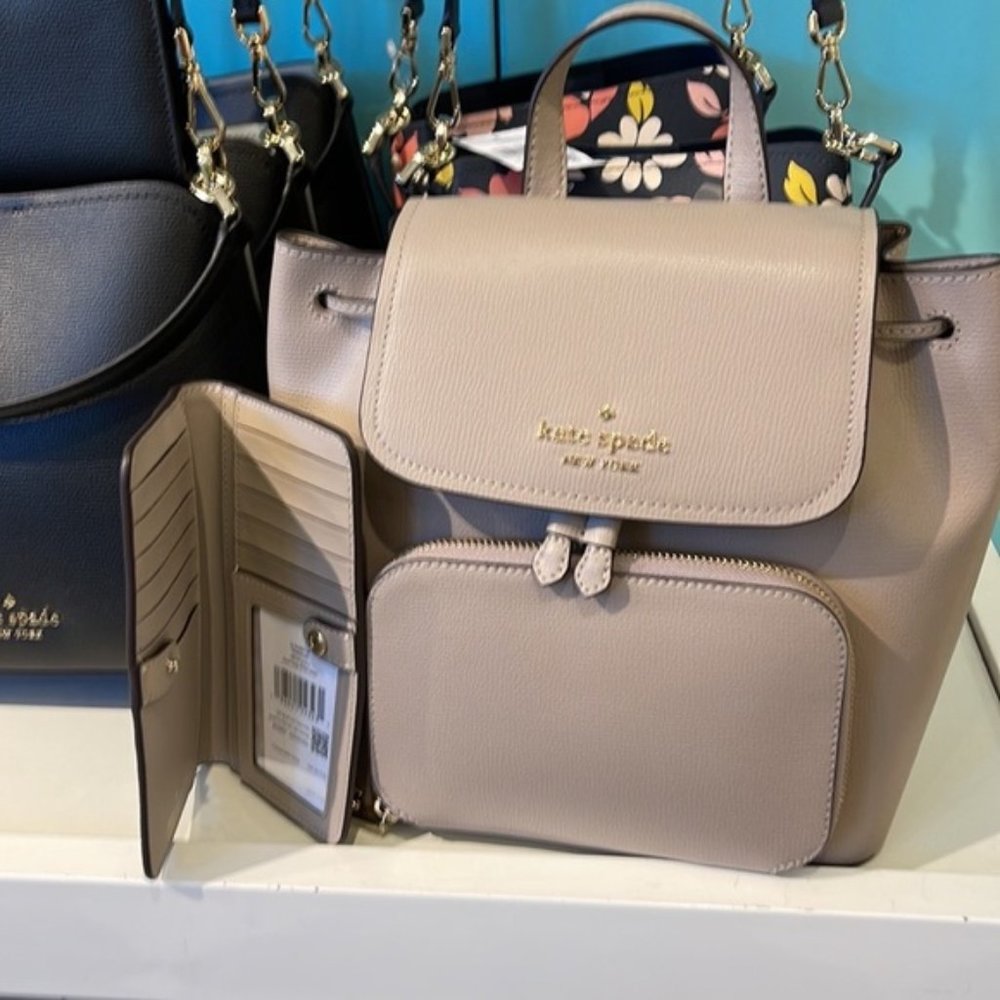 Kate Spade Darcy Flap Backpack & Darcy Large Slim Bifold Wallet Warm Taupe - Picture 8 of 16